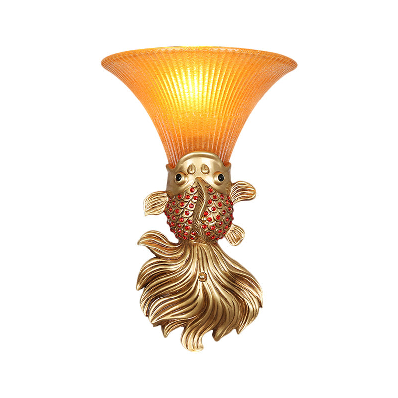 Fish Shape Resin Wall Sconce Country 1 Head Restaurant Red/Gold Finish Wall Mount Lamp with Amber Glass Bell Shade Clearhalo 'Wall Lamps & Sconces' 'Wall Lights' Lighting' 282493