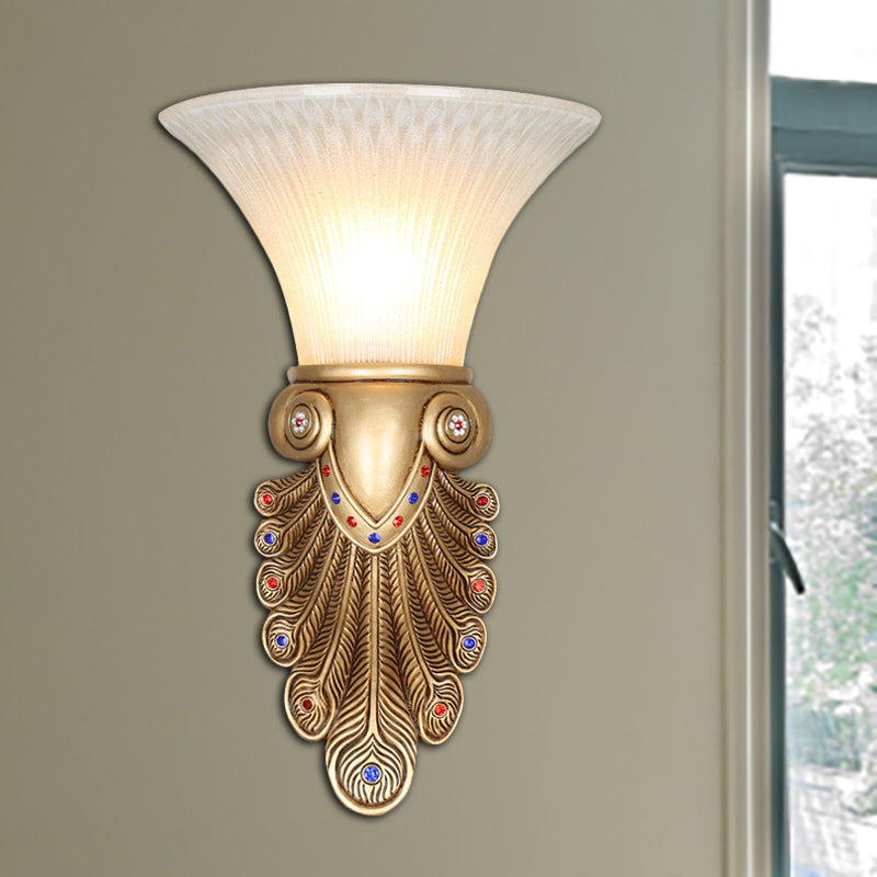 Resin Golden Wall Light Sconce Peacock Tail 1 Light Country Stylish Wall Mount Lamp with Opal Glass Bell Shade Clearhalo 'Wall Lamps & Sconces' 'Wall Lights' Lighting' 282511