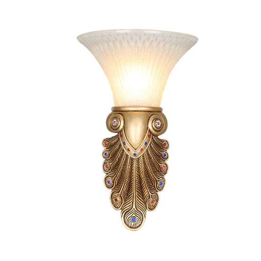 Resin Golden Wall Light Sconce Peacock Tail 1 Light Country Stylish Wall Mount Lamp with Opal Glass Bell Shade Clearhalo 'Wall Lamps & Sconces' 'Wall Lights' Lighting' 282513