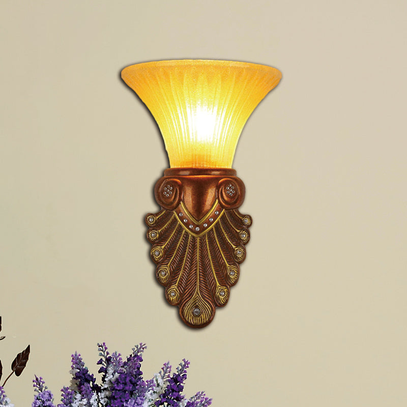 Flared Shade Bedside Wall Sconce Modern Amber Glass 16"/20.5" W 1 Bulb Bronze Finish Wall Light with Peacock Tail Design Bronze 16" Clearhalo 'Wall Lamps & Sconces' 'Wall Lights' Lighting' 282582