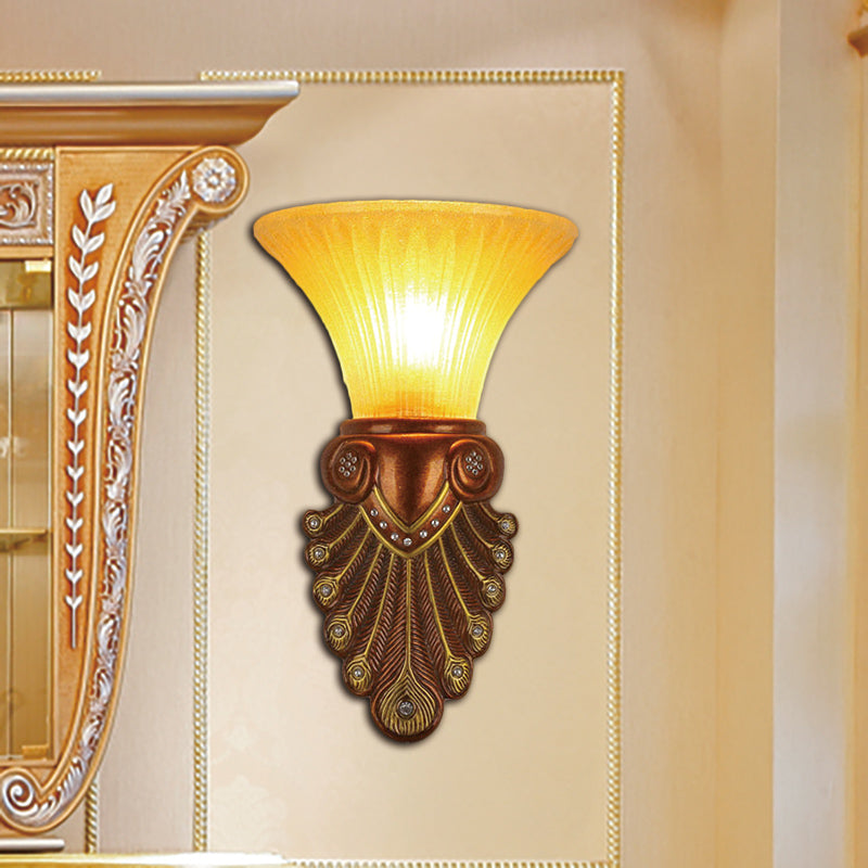 Flared Shade Bedside Wall Sconce Modern Amber Glass 16"/20.5" W 1 Bulb Bronze Finish Wall Light with Peacock Tail Design Clearhalo 'Wall Lamps & Sconces' 'Wall Lights' Lighting' 282583