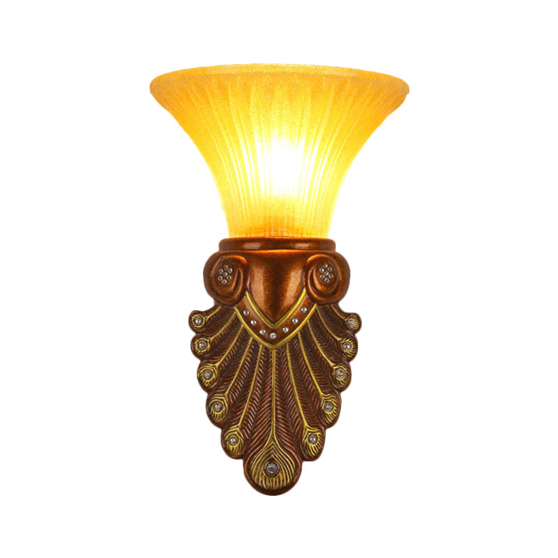 Flared Shade Bedside Wall Sconce Modern Amber Glass 16"/20.5" W 1 Bulb Bronze Finish Wall Light with Peacock Tail Design Clearhalo 'Wall Lamps & Sconces' 'Wall Lights' Lighting' 282585