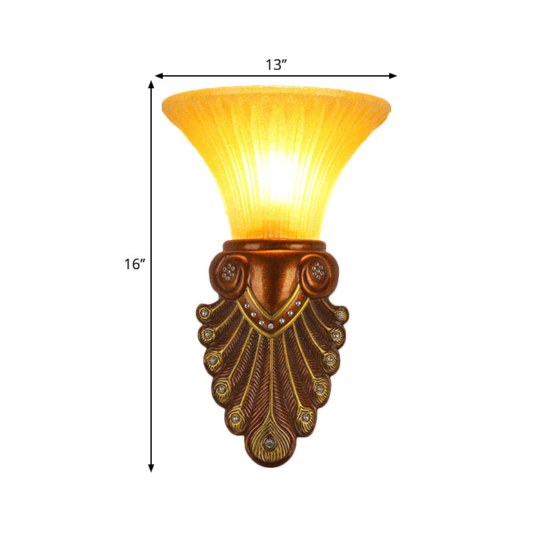 Flared Shade Bedside Wall Sconce Modern Amber Glass 16"/20.5" W 1 Bulb Bronze Finish Wall Light with Peacock Tail Design Clearhalo 'Wall Lamps & Sconces' 'Wall Lights' Lighting' 282586