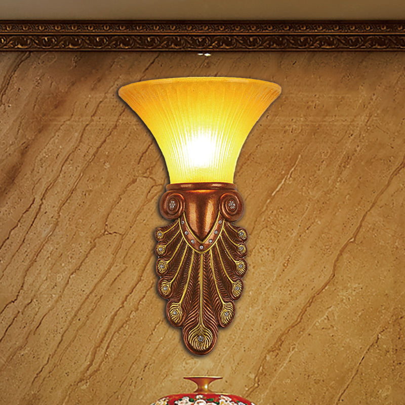 Flared Shade Bedside Wall Sconce Modern Amber Glass 16"/20.5" W 1 Bulb Bronze Finish Wall Light with Peacock Tail Design Bronze 20.5" Clearhalo 'Wall Lamps & Sconces' 'Wall Lights' Lighting' 282588