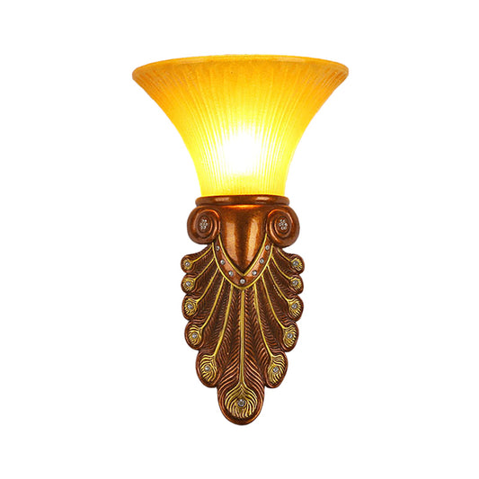 Flared Shade Bedside Wall Sconce Modern Amber Glass 16"/20.5" W 1 Bulb Bronze Finish Wall Light with Peacock Tail Design Clearhalo 'Wall Lamps & Sconces' 'Wall Lights' Lighting' 282590