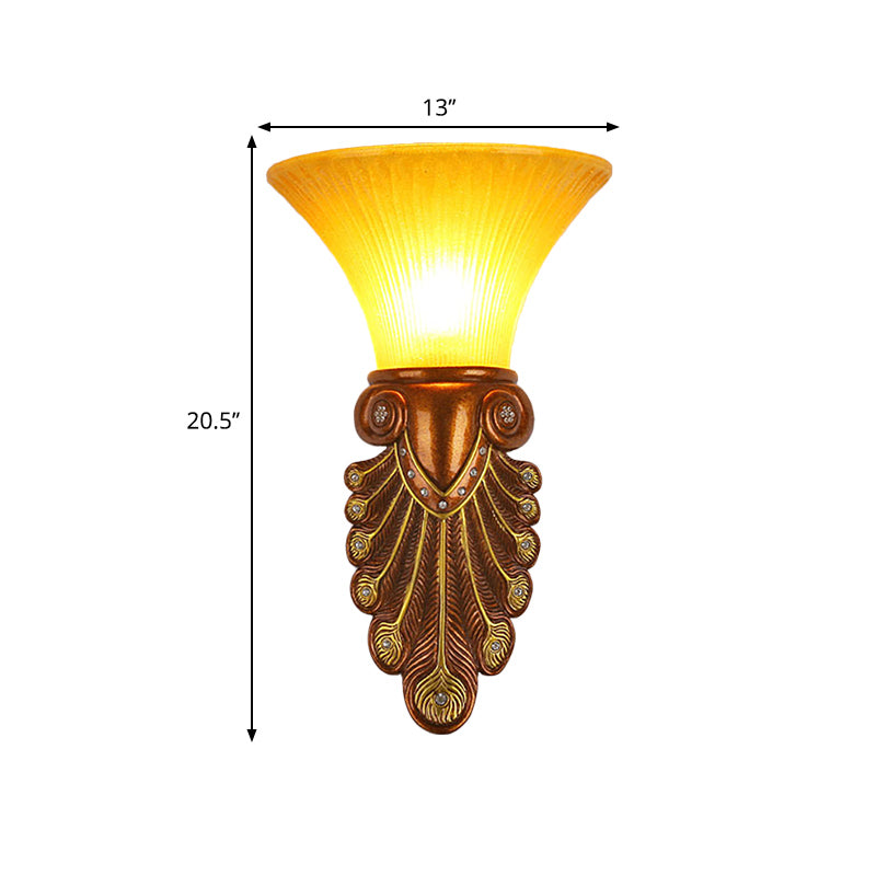 Flared Shade Bedside Wall Sconce Modern Amber Glass 16"/20.5" W 1 Bulb Bronze Finish Wall Light with Peacock Tail Design Clearhalo 'Wall Lamps & Sconces' 'Wall Lights' Lighting' 282591