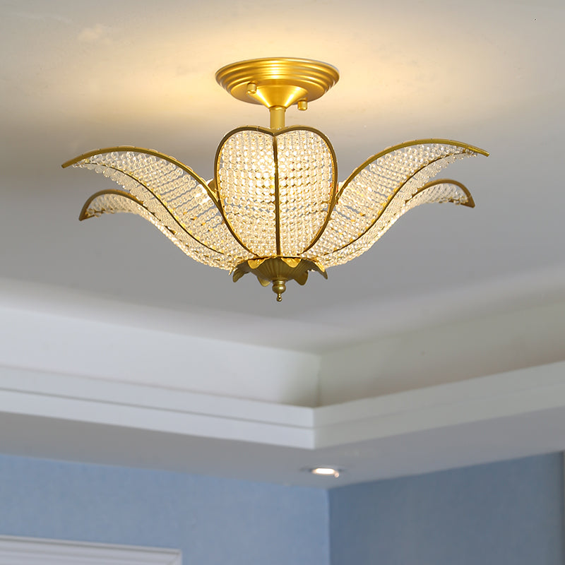 3-Light Living Room Ceiling Flush Mount Contemporary Gold Semi Flush Mount Lighting Fixture with Blossom Clear Crystal Glass Shade Gold Clearhalo 'Ceiling Lights' 'Close To Ceiling Lights' 'Close to ceiling' 'Semi-flushmount' Lighting' 282592