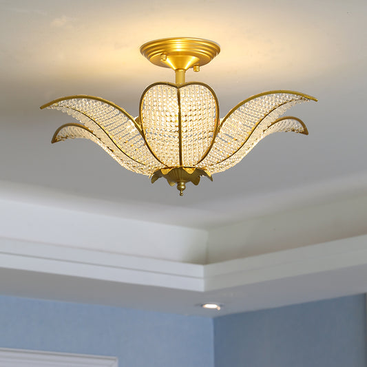 3-Light Living Room Ceiling Flush Mount Contemporary Gold Semi Flush Mount Lighting Fixture with Blossom Clear Crystal Glass Shade Gold Clearhalo 'Ceiling Lights' 'Close To Ceiling Lights' 'Close to ceiling' 'Semi-flushmount' Lighting' 282592