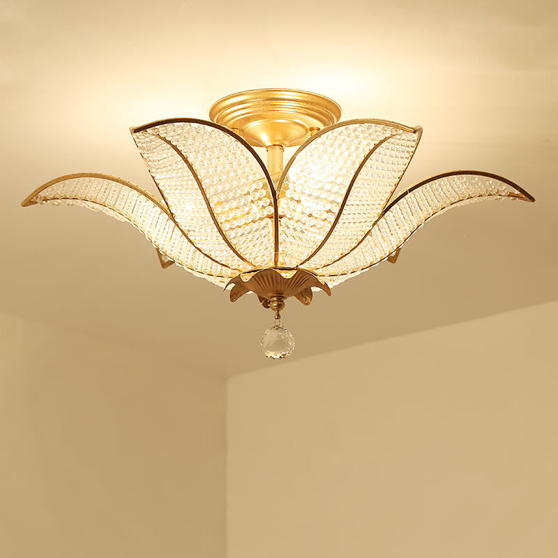 3-Light Living Room Ceiling Flush Mount Contemporary Gold Semi Flush Mount Lighting Fixture with Blossom Clear Crystal Glass Shade Clearhalo 'Ceiling Lights' 'Close To Ceiling Lights' 'Close to ceiling' 'Semi-flushmount' Lighting' 282593