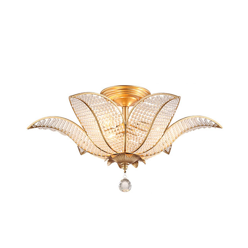 3-Light Living Room Ceiling Flush Mount Contemporary Gold Semi Flush Mount Lighting Fixture with Blossom Clear Crystal Glass Shade Clearhalo 'Ceiling Lights' 'Close To Ceiling Lights' 'Close to ceiling' 'Semi-flushmount' Lighting' 282595