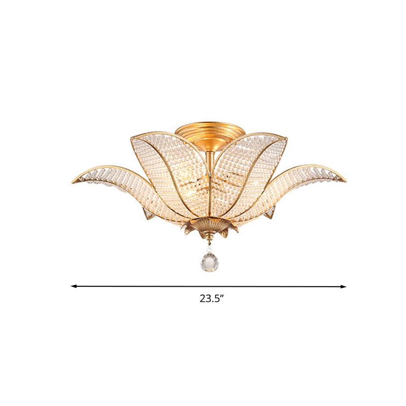 3-Light Living Room Ceiling Flush Mount Contemporary Gold Semi Flush Mount Lighting Fixture with Blossom Clear Crystal Glass Shade Clearhalo 'Ceiling Lights' 'Close To Ceiling Lights' 'Close to ceiling' 'Semi-flushmount' Lighting' 282596