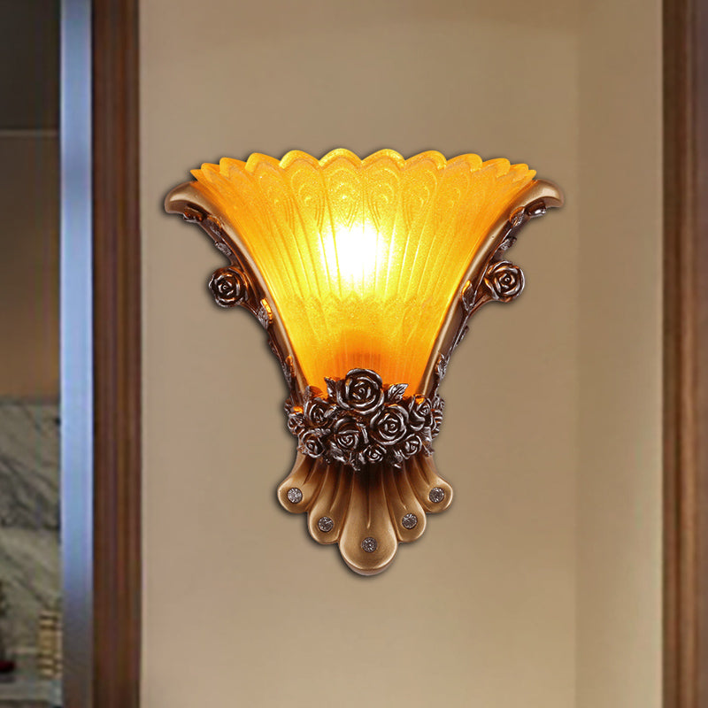 1 Light Wall Lamp with Flared Shade Yellow Glass Modernist Style Bedroom Wall Light Sconce with Rose Deco Yellow A Clearhalo 'Wall Lamps & Sconces' 'Wall Lights' Lighting' 282616