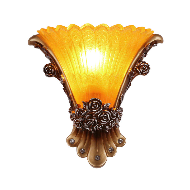 1 Light Wall Lamp with Flared Shade Yellow Glass Modernist Style Bedroom Wall Light Sconce with Rose Deco Clearhalo 'Wall Lamps & Sconces' 'Wall Lights' Lighting' 282618