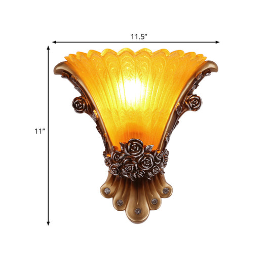 1 Light Wall Lamp with Flared Shade Yellow Glass Modernist Style Bedroom Wall Light Sconce with Rose Deco Clearhalo 'Wall Lamps & Sconces' 'Wall Lights' Lighting' 282619