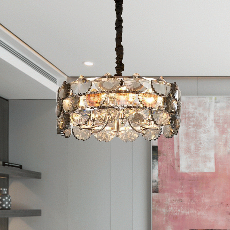 Modernist Drum Ceiling Chandelier Gray Crystal Block 6 Bulbs Kitchen Pendant Lamp in Gold Gold Clearhalo 'Ceiling Lights' 'Chandeliers' 'Modern Chandeliers' 'Modern' Lighting' 282645