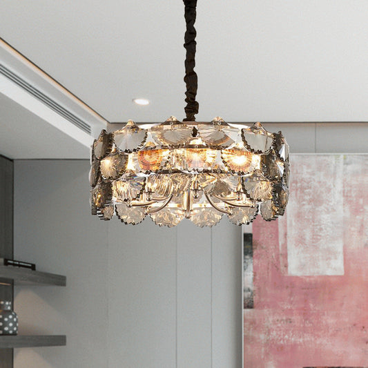 Modernist Drum Ceiling Chandelier Gray Crystal Block 6 Bulbs Kitchen Pendant Lamp in Gold Gold Clearhalo 'Ceiling Lights' 'Chandeliers' 'Modern Chandeliers' 'Modern' Lighting' 282645