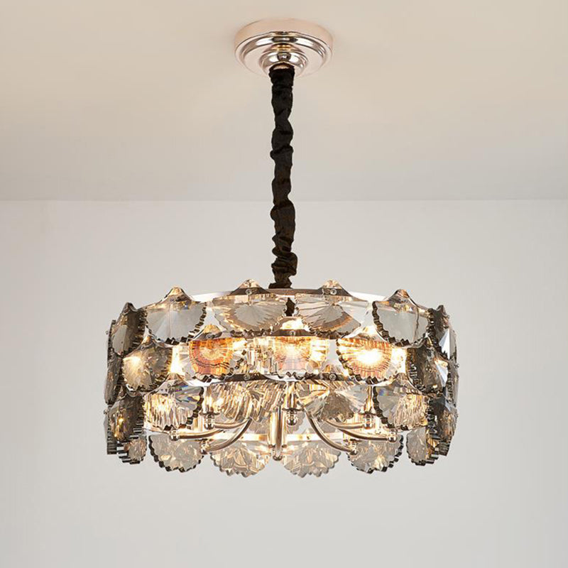 Modernist Drum Ceiling Chandelier Gray Crystal Block 6 Bulbs Kitchen Pendant Lamp in Gold Clearhalo 'Ceiling Lights' 'Chandeliers' 'Modern Chandeliers' 'Modern' Lighting' 282646