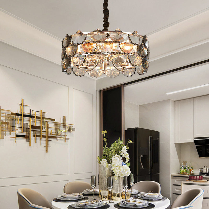 Modernist Drum Ceiling Chandelier Gray Crystal Block 6 Bulbs Kitchen Pendant Lamp in Gold Clearhalo 'Ceiling Lights' 'Chandeliers' 'Modern Chandeliers' 'Modern' Lighting' 282647