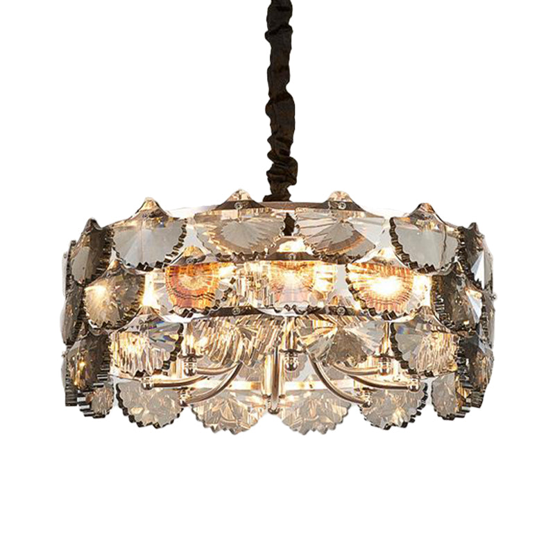 Modernist Drum Ceiling Chandelier Gray Crystal Block 6 Bulbs Kitchen Pendant Lamp in Gold Clearhalo 'Ceiling Lights' 'Chandeliers' 'Modern Chandeliers' 'Modern' Lighting' 282648