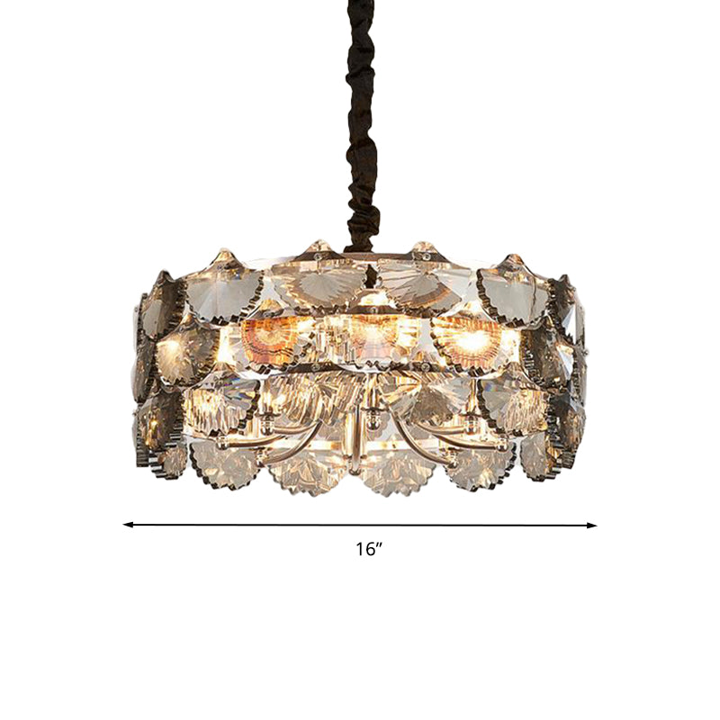 Modernist Drum Ceiling Chandelier Gray Crystal Block 6 Bulbs Kitchen Pendant Lamp in Gold Clearhalo 'Ceiling Lights' 'Chandeliers' 'Modern Chandeliers' 'Modern' Lighting' 282649