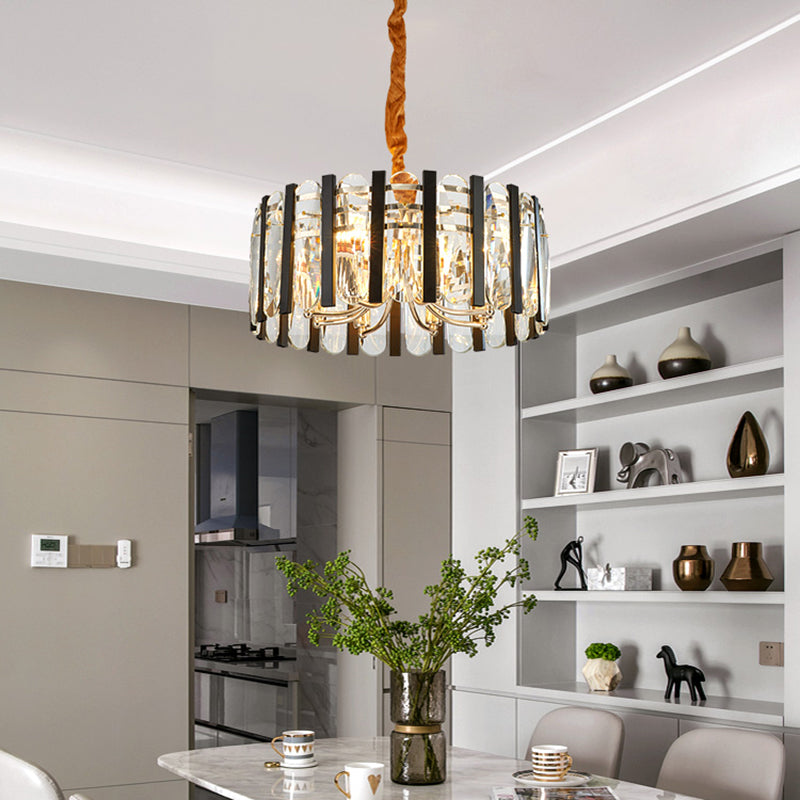 6-Bulb Dining Room Chandelier Lighting Black and Gold Pendant Light Fixture with Drum Beveled Crystal Shade Clearhalo 'Ceiling Lights' 'Chandeliers' 'Modern Chandeliers' 'Modern' Lighting' 282653