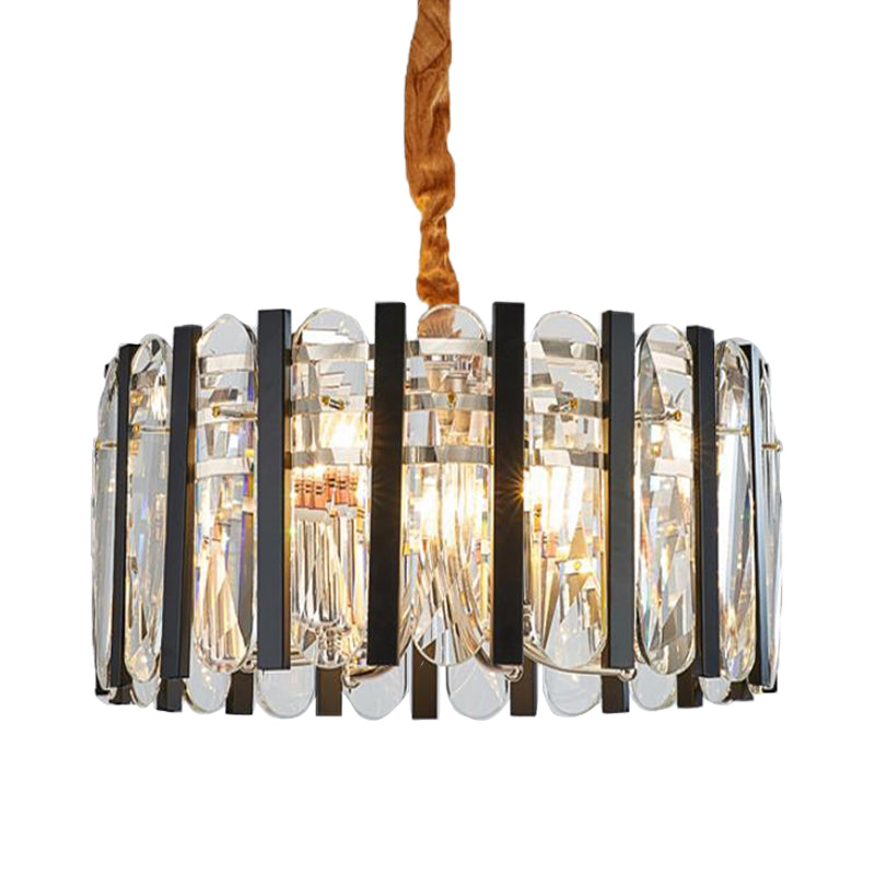 6-Bulb Dining Room Chandelier Lighting Black and Gold Pendant Light Fixture with Drum Beveled Crystal Shade Clearhalo 'Ceiling Lights' 'Chandeliers' 'Modern Chandeliers' 'Modern' Lighting' 282654