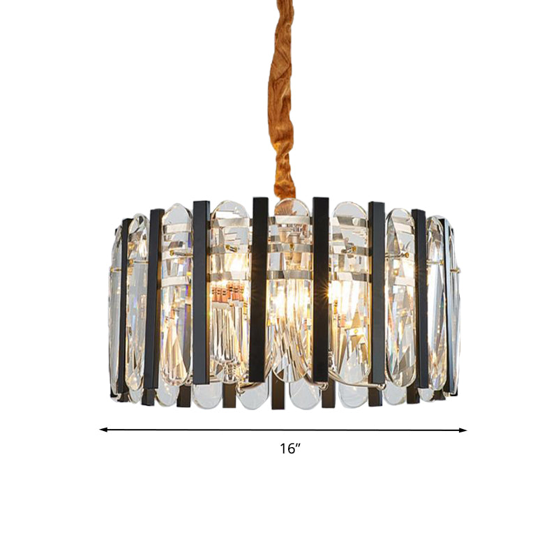 6-Bulb Dining Room Chandelier Lighting Black and Gold Pendant Light Fixture with Drum Beveled Crystal Shade Clearhalo 'Ceiling Lights' 'Chandeliers' 'Modern Chandeliers' 'Modern' Lighting' 282655