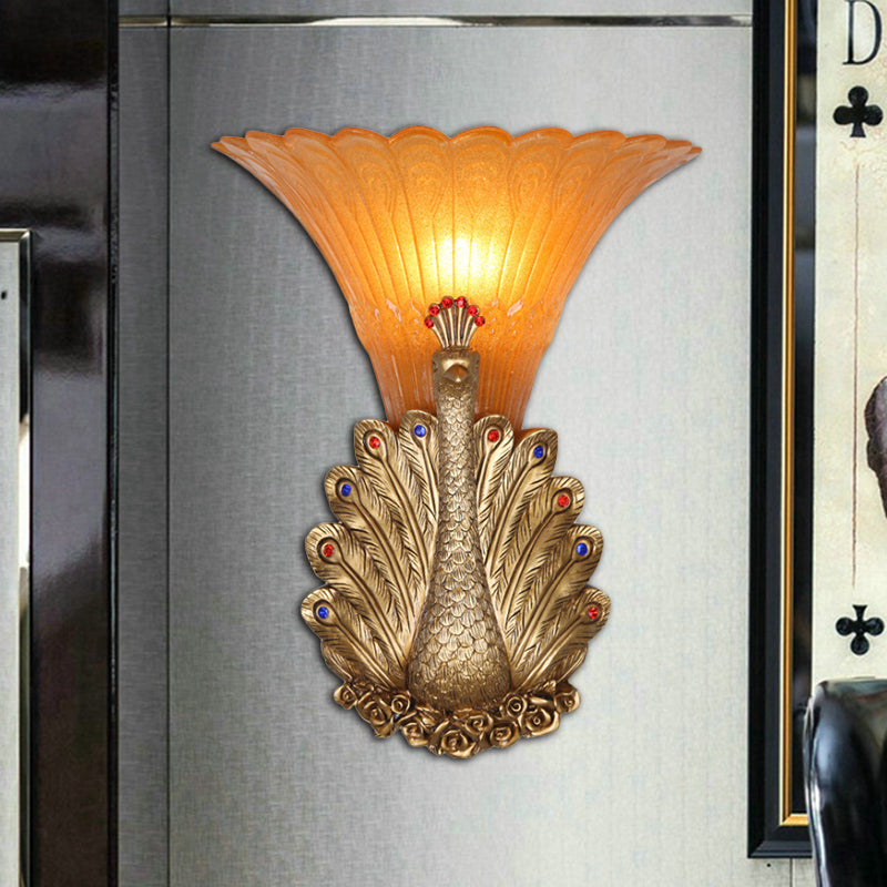 1 Light Peacock Wall Mount Lamp Rustic Style Red/Gold Finish Resin Wall Light with Orange Glass Scalloped Shade, 9.5"/13" W Clearhalo 'Wall Lamps & Sconces' 'Wall Lights' Lighting' 282664