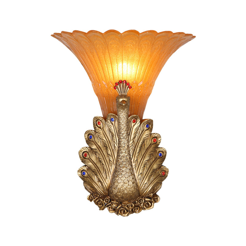 1 Light Peacock Wall Mount Lamp Rustic Style Red/Gold Finish Resin Wall Light with Orange Glass Scalloped Shade, 9.5"/13" W Clearhalo 'Wall Lamps & Sconces' 'Wall Lights' Lighting' 282666