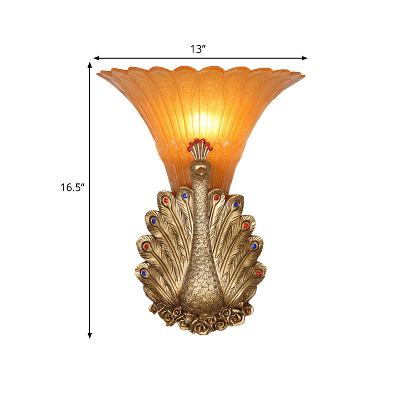 1 Light Peacock Wall Mount Lamp Rustic Style Red/Gold Finish Resin Wall Light with Orange Glass Scalloped Shade, 9.5"/13" W Clearhalo 'Wall Lamps & Sconces' 'Wall Lights' Lighting' 282667