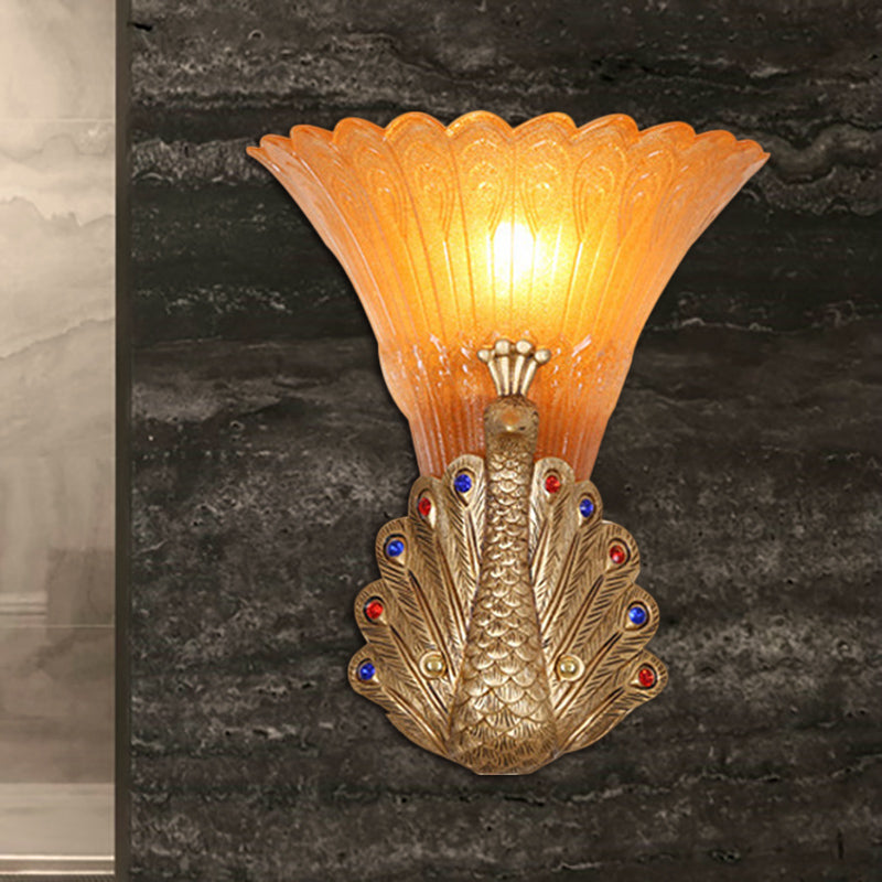 1 Light Peacock Wall Mount Lamp Rustic Style Red/Gold Finish Resin Wall Light with Orange Glass Scalloped Shade, 9.5"/13" W Red 9.5" Clearhalo 'Wall Lamps & Sconces' 'Wall Lights' Lighting' 282668