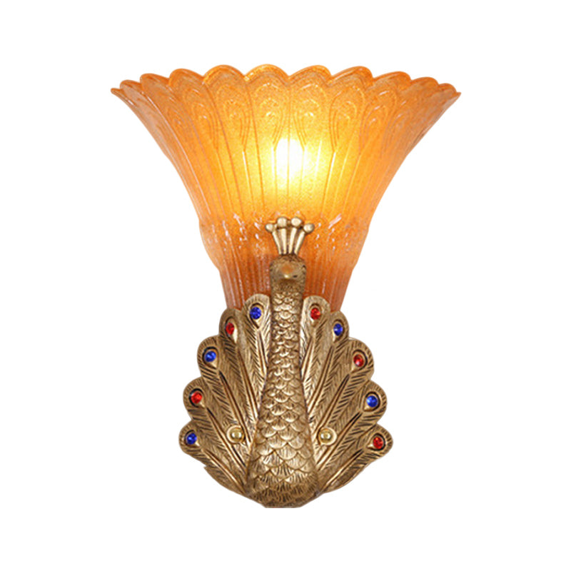 1 Light Peacock Wall Mount Lamp Rustic Style Red/Gold Finish Resin Wall Light with Orange Glass Scalloped Shade, 9.5"/13" W Clearhalo 'Wall Lamps & Sconces' 'Wall Lights' Lighting' 282670