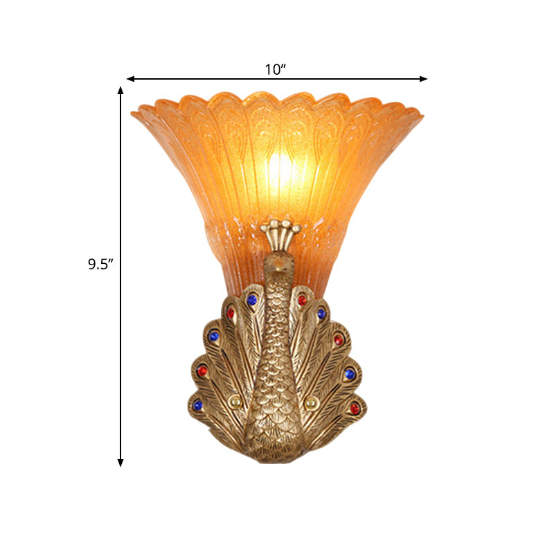 1 Light Peacock Wall Mount Lamp Rustic Style Red/Gold Finish Resin Wall Light with Orange Glass Scalloped Shade, 9.5"/13" W Clearhalo 'Wall Lamps & Sconces' 'Wall Lights' Lighting' 282671