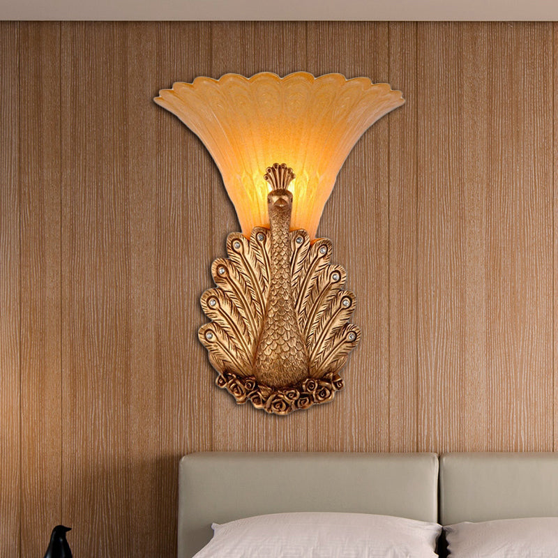 1 Light Peacock Wall Mount Lamp Rustic Style Red/Gold Finish Resin Wall Light with Orange Glass Scalloped Shade, 9.5"/13" W Gold 13" Clearhalo 'Wall Lamps & Sconces' 'Wall Lights' Lighting' 282672