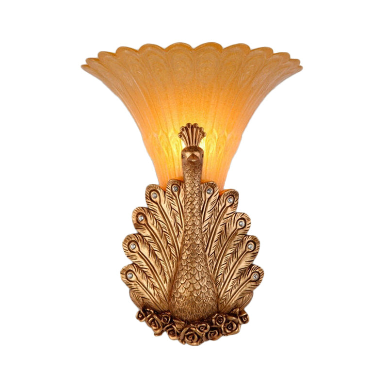 1 Light Peacock Wall Mount Lamp Rustic Style Red/Gold Finish Resin Wall Light with Orange Glass Scalloped Shade, 9.5"/13" W Clearhalo 'Wall Lamps & Sconces' 'Wall Lights' Lighting' 282674