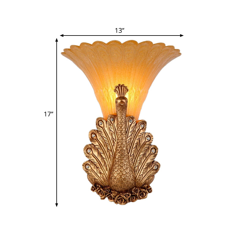 1 Light Peacock Wall Mount Lamp Rustic Style Red/Gold Finish Resin Wall Light with Orange Glass Scalloped Shade, 9.5"/13" W Clearhalo 'Wall Lamps & Sconces' 'Wall Lights' Lighting' 282675