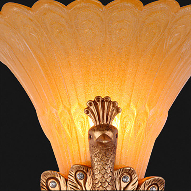 1 Light Peacock Wall Mount Lamp Rustic Style Red/Gold Finish Resin Wall Light with Orange Glass Scalloped Shade, 9.5"/13" W Clearhalo 'Wall Lamps & Sconces' 'Wall Lights' Lighting' 282676