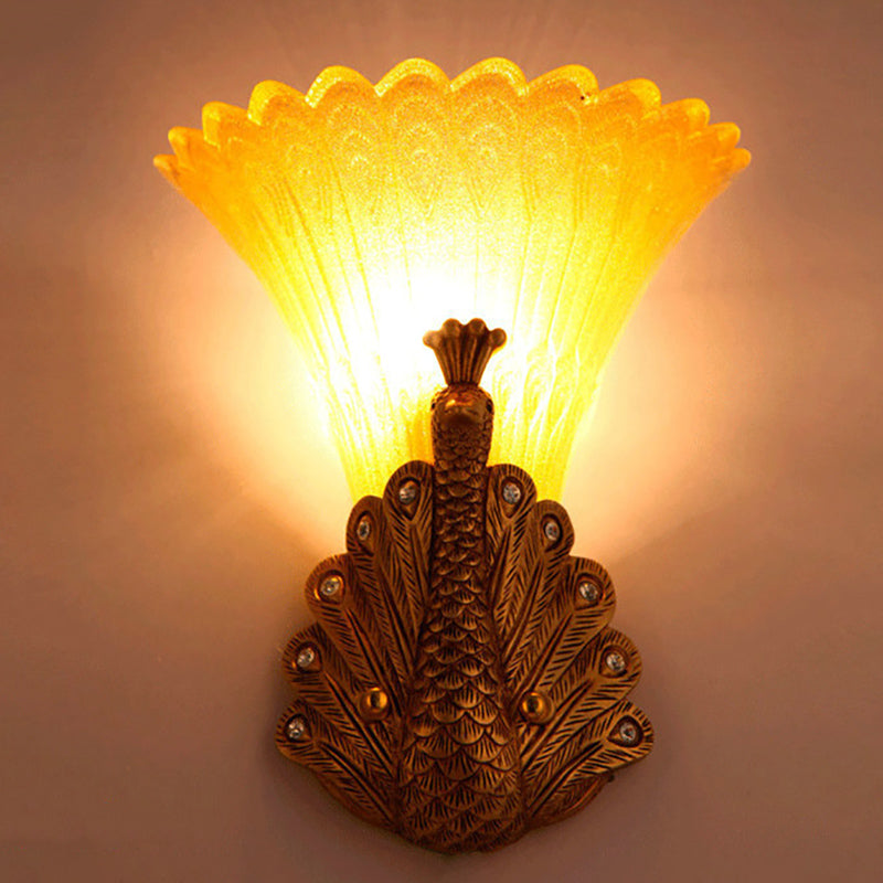 1 Light Peacock Wall Mount Lamp Rustic Style Red/Gold Finish Resin Wall Light with Orange Glass Scalloped Shade, 9.5"/13" W Gold 9.5" Clearhalo 'Wall Lamps & Sconces' 'Wall Lights' Lighting' 282677