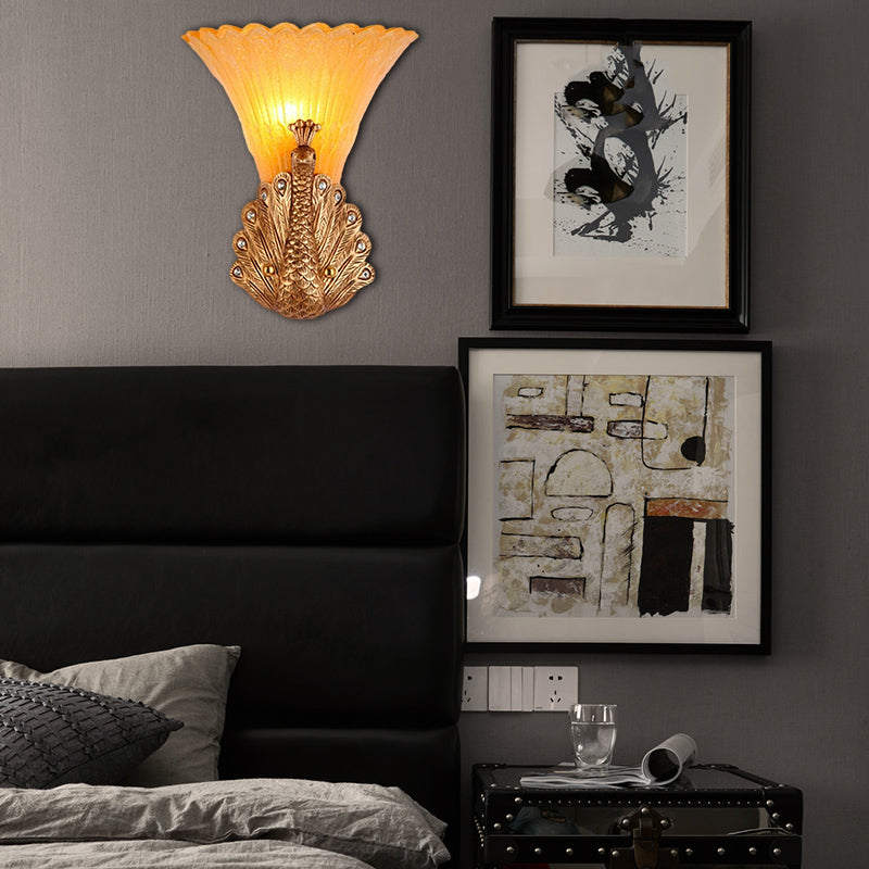 1 Light Peacock Wall Mount Lamp Rustic Style Red/Gold Finish Resin Wall Light with Orange Glass Scalloped Shade, 9.5"/13" W Clearhalo 'Wall Lamps & Sconces' 'Wall Lights' Lighting' 282678