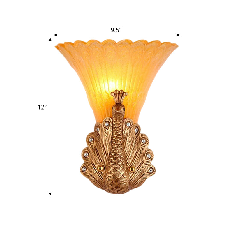 1 Light Peacock Wall Mount Lamp Rustic Style Red/Gold Finish Resin Wall Light with Orange Glass Scalloped Shade, 9.5"/13" W Clearhalo 'Wall Lamps & Sconces' 'Wall Lights' Lighting' 282680