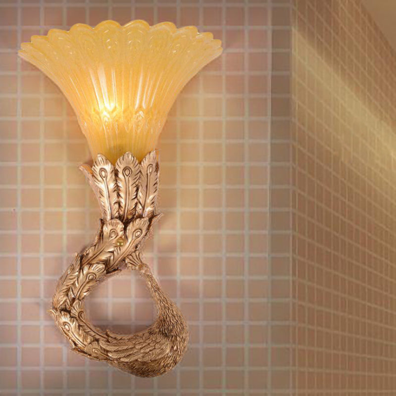 Scalloped Amber Glass Wall Lamp Country Style 1 Head Bedroom Wall Light Fixture with Green/Gold Peacock Design Clearhalo 'Wall Lamps & Sconces' 'Wall Lights' Lighting' 282737