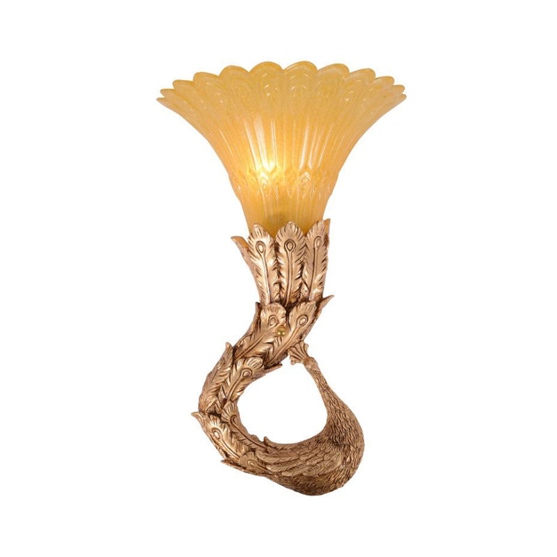 Scalloped Amber Glass Wall Lamp Country Style 1 Head Bedroom Wall Light Fixture with Green/Gold Peacock Design Clearhalo 'Wall Lamps & Sconces' 'Wall Lights' Lighting' 282739