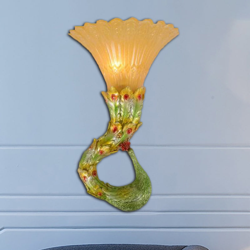 Scalloped Amber Glass Wall Lamp Country Style 1 Head Bedroom Wall Light Fixture with Green/Gold Peacock Design Green Clearhalo 'Wall Lamps & Sconces' 'Wall Lights' Lighting' 282742