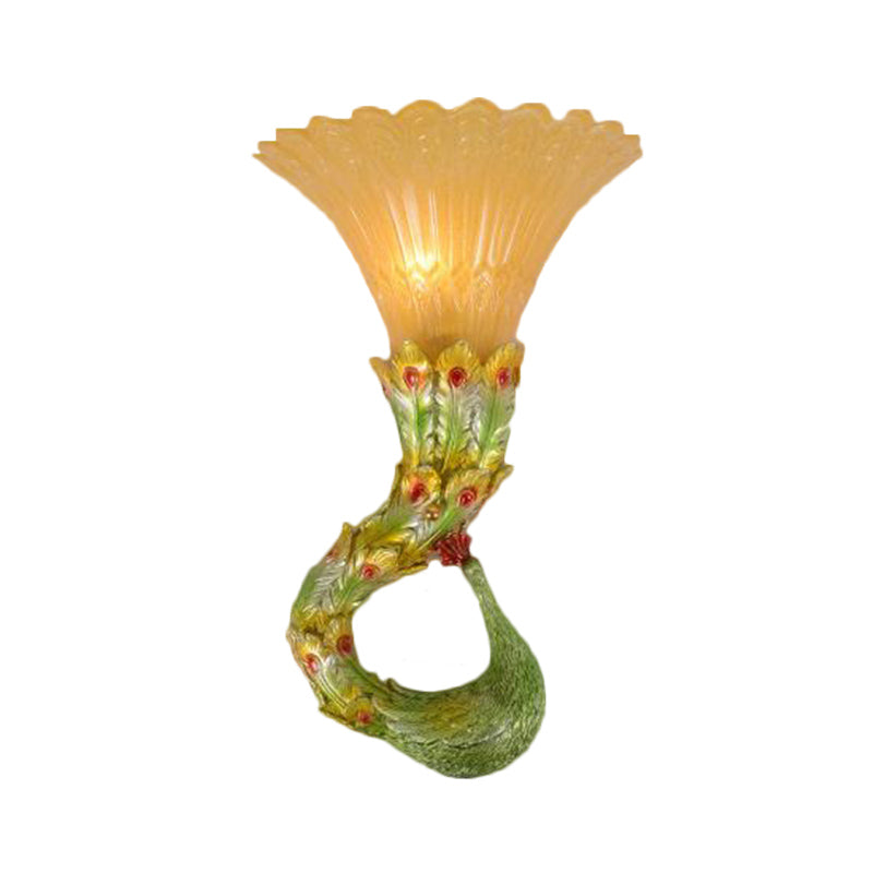 Scalloped Amber Glass Wall Lamp Country Style 1 Head Bedroom Wall Light Fixture with Green/Gold Peacock Design Clearhalo 'Wall Lamps & Sconces' 'Wall Lights' Lighting' 282744