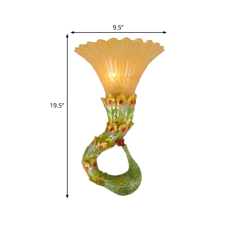 Scalloped Amber Glass Wall Lamp Country Style 1 Head Bedroom Wall Light Fixture with Green/Gold Peacock Design Clearhalo 'Wall Lamps & Sconces' 'Wall Lights' Lighting' 282745