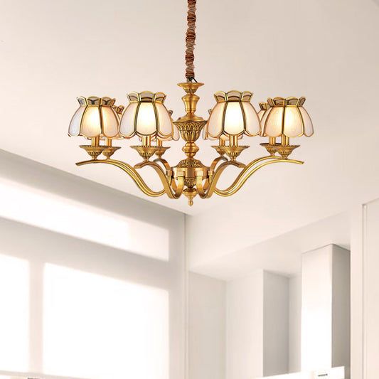 6 Lights Scalloped Chandelier Pendant Lamp Colonialist Brass Frosted Glass Hanging Ceiling Light Brass Clearhalo 'Ceiling Lights' 'Chandeliers' 'Glass shade' 'Glass' Lighting' 282746