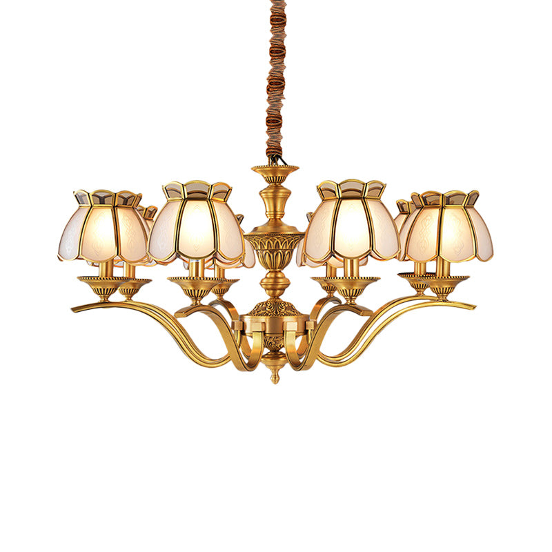 6 Lights Scalloped Chandelier Pendant Lamp Colonialist Brass Frosted Glass Hanging Ceiling Light Clearhalo 'Ceiling Lights' 'Chandeliers' 'Glass shade' 'Glass' Lighting' 282749