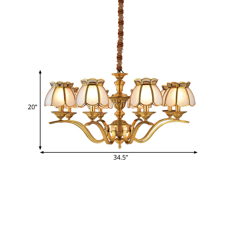 6 Lights Scalloped Chandelier Pendant Lamp Colonialist Brass Frosted Glass Hanging Ceiling Light Clearhalo 'Ceiling Lights' 'Chandeliers' 'Glass shade' 'Glass' Lighting' 282750