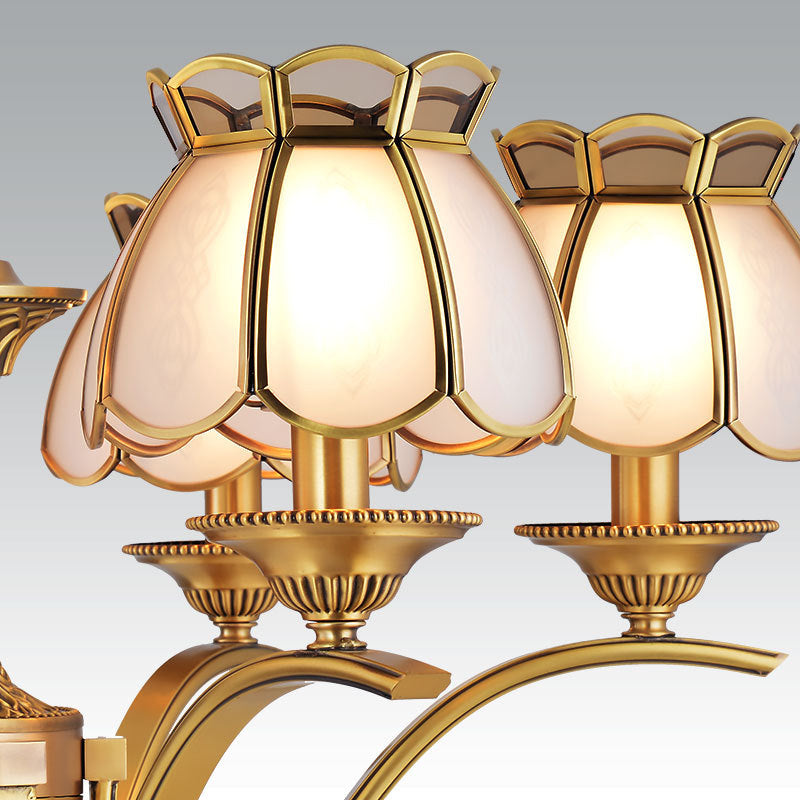 6 Lights Scalloped Chandelier Pendant Lamp Colonialist Brass Frosted Glass Hanging Ceiling Light Clearhalo 'Ceiling Lights' 'Chandeliers' 'Glass shade' 'Glass' Lighting' 282751