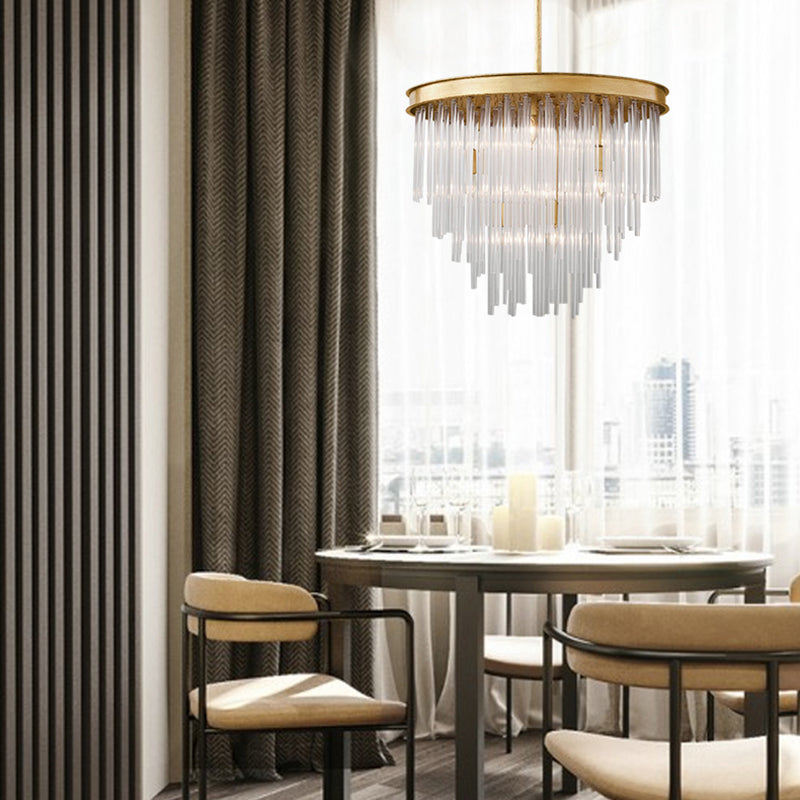 6/8-Bulb Restaurant Chandelier Light Modernism Gold Pendant Lighting Fixture with Tiered Clear K9 Crystal Shade, 19.5"/23.5" W Clearhalo 'Ceiling Lights' 'Chandeliers' 'Modern Chandeliers' 'Modern' Lighting' 282754